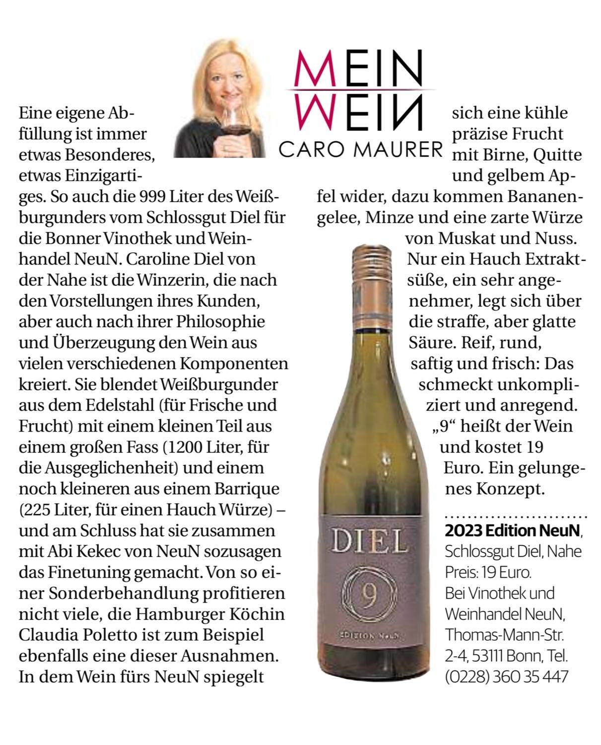 Edition NeuN 2023 Weissburgunder vom Schlossgut Diel fuer die vinothek weinbar bonn mit Flasche und redaktionellem Magazinbeitrag